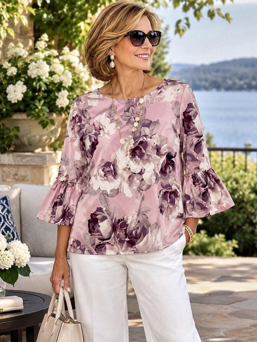 Ellen Tracy Pink Floral Bell Sleeve Blouse. Like New